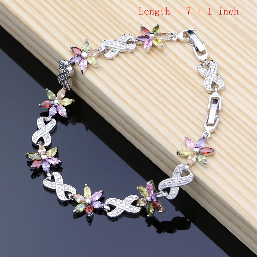 Goedkoop Bloem Multicolor Zirkoon Witte Parels 925 Zilveren Sieraden Sets Voor Vrouwen Bruiloft Oorbellen Hanger Ring Armband ketting Set