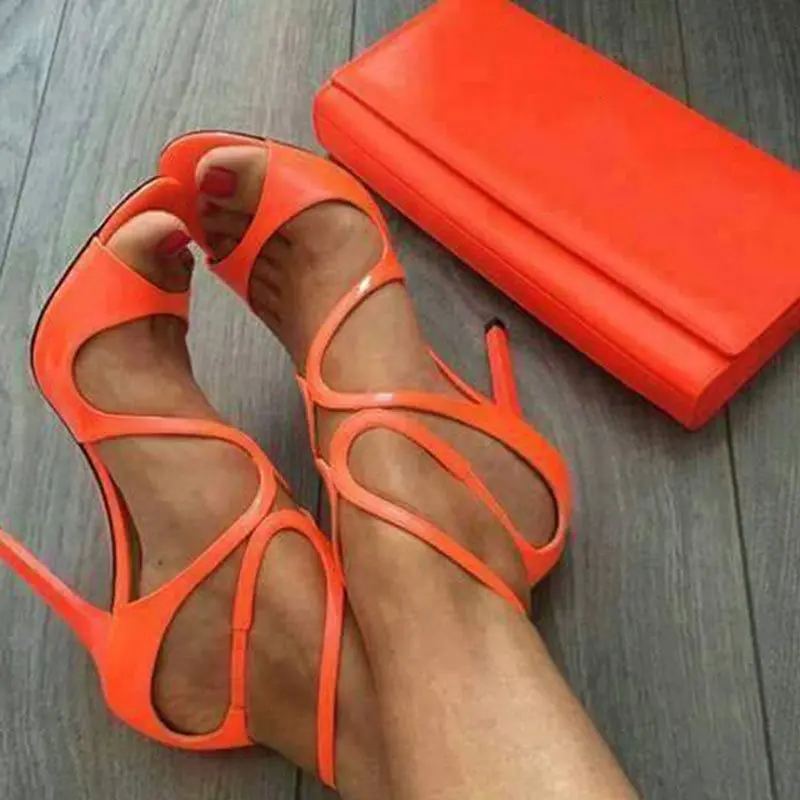 

Lady Sandals Gladiator Neon Buckle Heel Covering Open Toe Stiletto Heels Women Orange Sandals Women Sexy Party Shoes Peep Toe