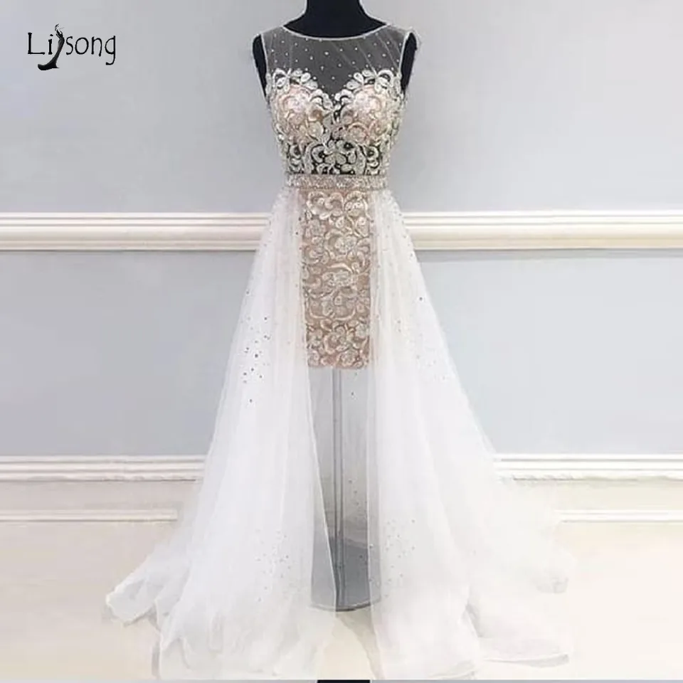 Pretty Beach Lace High Low Wedding Dresses With Detachable Train Shiny Beaded Crystal 2 Pieces Wedding Gowns Vestidos De Noiva