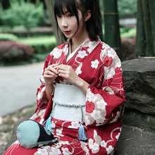Комплект из 9 предметов высокого качества, женское кимоно, японская юката с красным принтом Obi, платье с цветочным принтом для девочек, платье, одежда для сцены