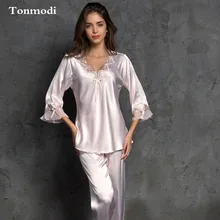 Шелковые пижамы набор для женщин пижамы шелковые сексуальные с v-образным вырезом кружева стежка пижамы Женская пижама из шелка Femme Satin Soie