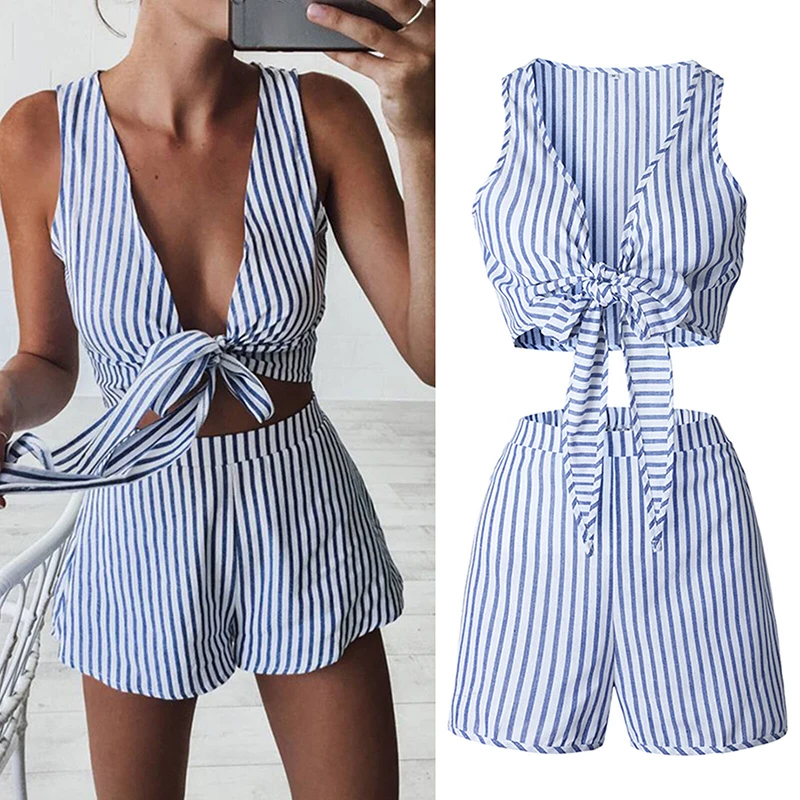 Womens Summer Two Piece Set Woman Short Sleeve Crop Tops + Causal Shorts Sexy Ladies Tunic Holiday Suit Sets Women's Playsuits