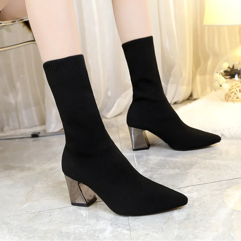 

Autumn and Winter 2019 Women Wool Shoes Woman Thick Heels Martin Boots Female High Heels Elastic Boots Footwear Women Boots 21cm