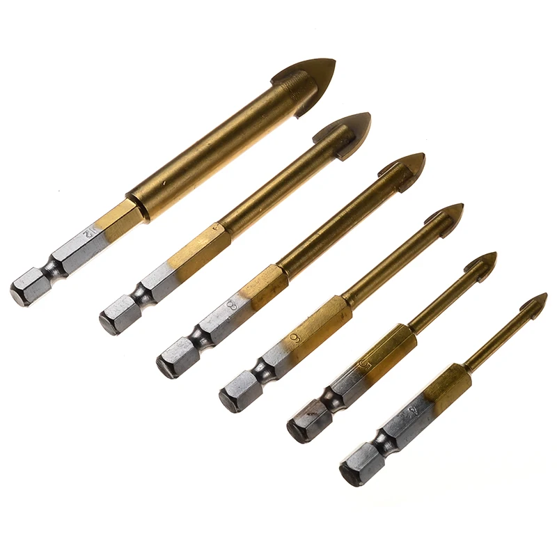 6PCS Titanium Coated Glass Drill Bit 4/5/6/8/10/12mm with 1/4" Hex