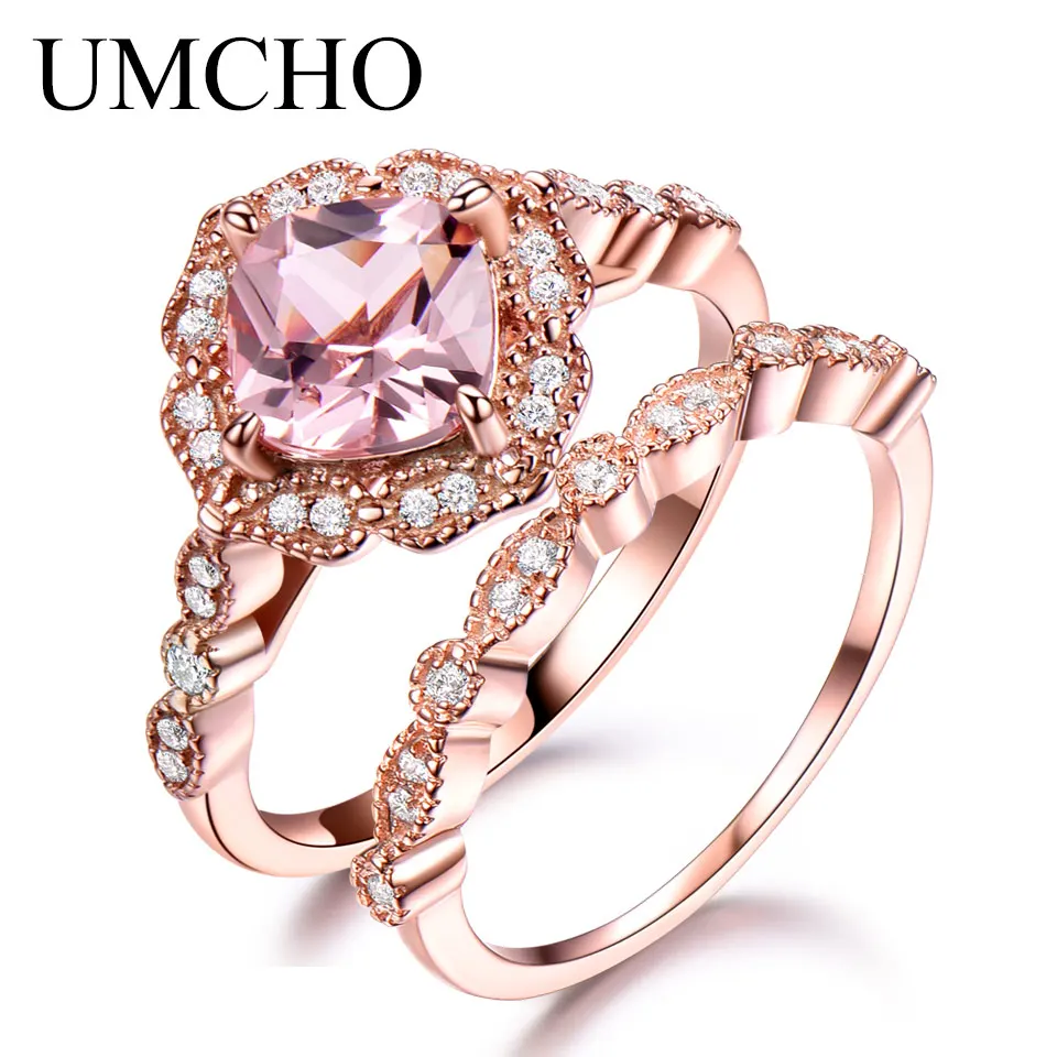 UMCHO Nano морганитом, кольца из стерлингового серебра 925 кулон в виде цветка набор серебряных колец для Для женщин Юбилей, подарок, изящное ювелирное изделие - Цвет камня: Rose Gold
