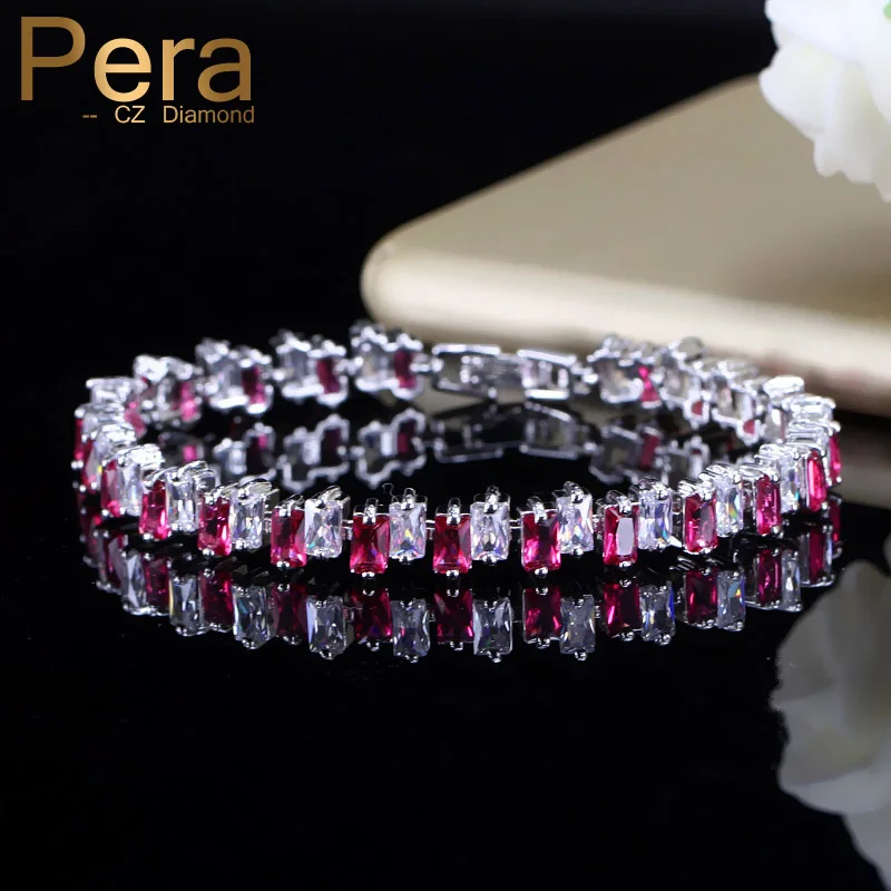 

Pera Trendy Summe Party Silver Color Jewelry For Women Big Rectangle Baguette Rose Red Cubic Zirconia Stone Paved Bracelets B116