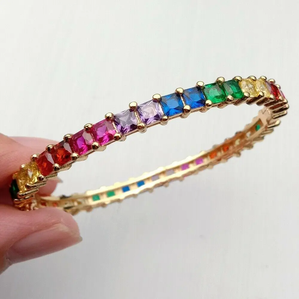 

Rainbow Square cubic zironia Yellow Golden color fashion gift cuff bangle bracelet