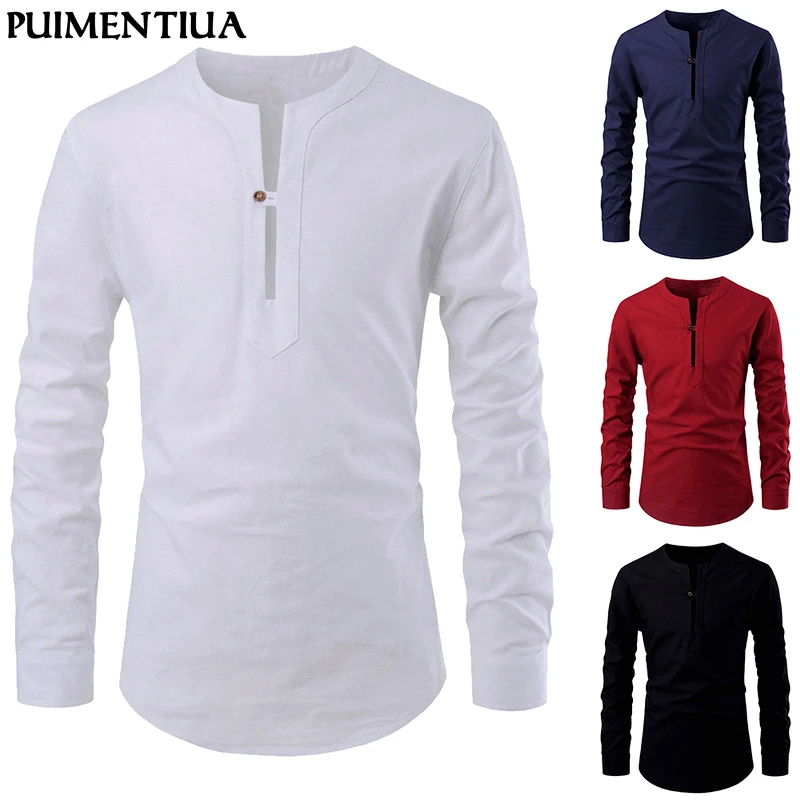 

Puimentiua 2019 Spring Men O-Neck Long Sleeve Shirt Single Button Down Fitness Solid Cotton Shirt Business Party Homme Shirt Top