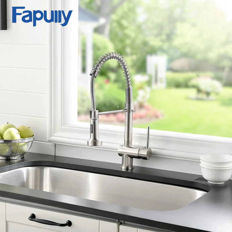 

Fapully Deck Mounted Hot and Cold Water Kitchen Faucet Nickel Brushed Spring Pull Down Spray Spout Kitchen Mixer Tap AEF0017