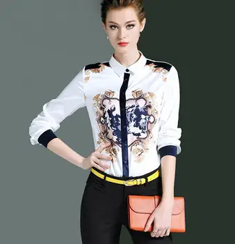 

High quality! Women's Original brand spring casual print shirt female long sleeve OL white shirt chic blouse tops TB718