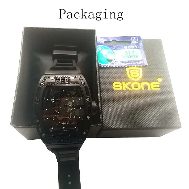 TOP SKONE Quartz wristwatches Military Silicone Strap Rectangle Dial Skull Face Men Watches Wrist Watches 3D Scrub Dial Genuine