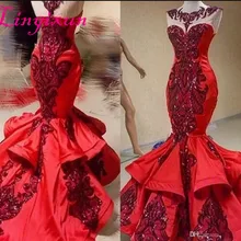 Красные Роскошные блестки аппликация Русалка платья выпускного вечера с оборками Блестящий Драгоценный Камень чистой шеи рыбий хвост случай вечерние платья