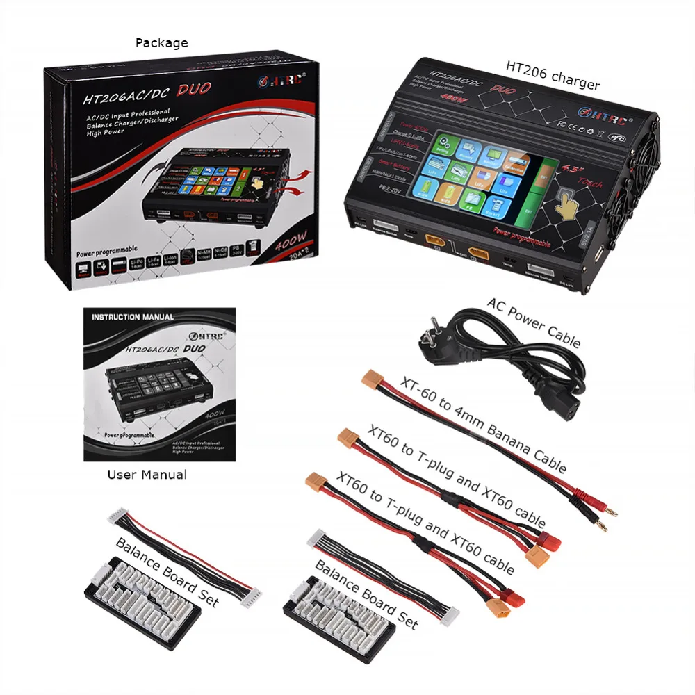 HTRC Balance Lipo Charger AC/DC HT206 DUO 400W 40A Dual Port LCD Touch Screen Lilon/LiPo/LiFe/LiHV Battery Discharger RC Charger