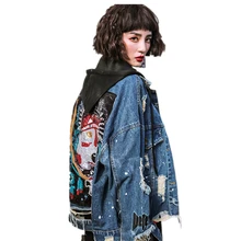 Весенне-осенние женские джинсовые куртки с капюшоном, винтажные модные пальто с отверстиями и длинными рукавами, женская Свободная верхняя одежда с блестками и буквенным принтом, Z146