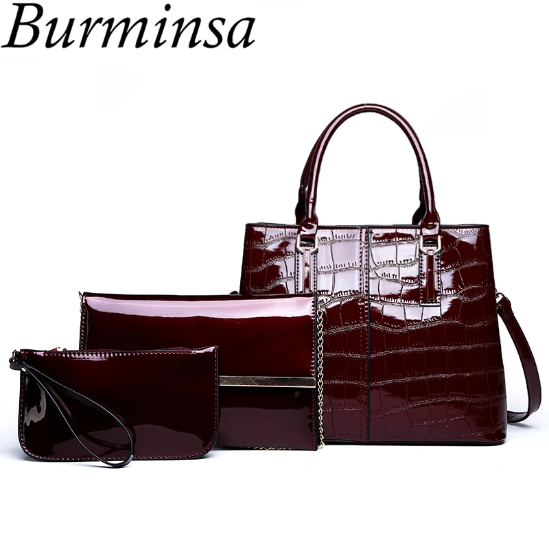 

Burminsa 3 Sets Patent Leather Handbags Composite Women Shoulder Messenger Bags Vintage Top Handle Bags Fall 2018 Black Red Blue