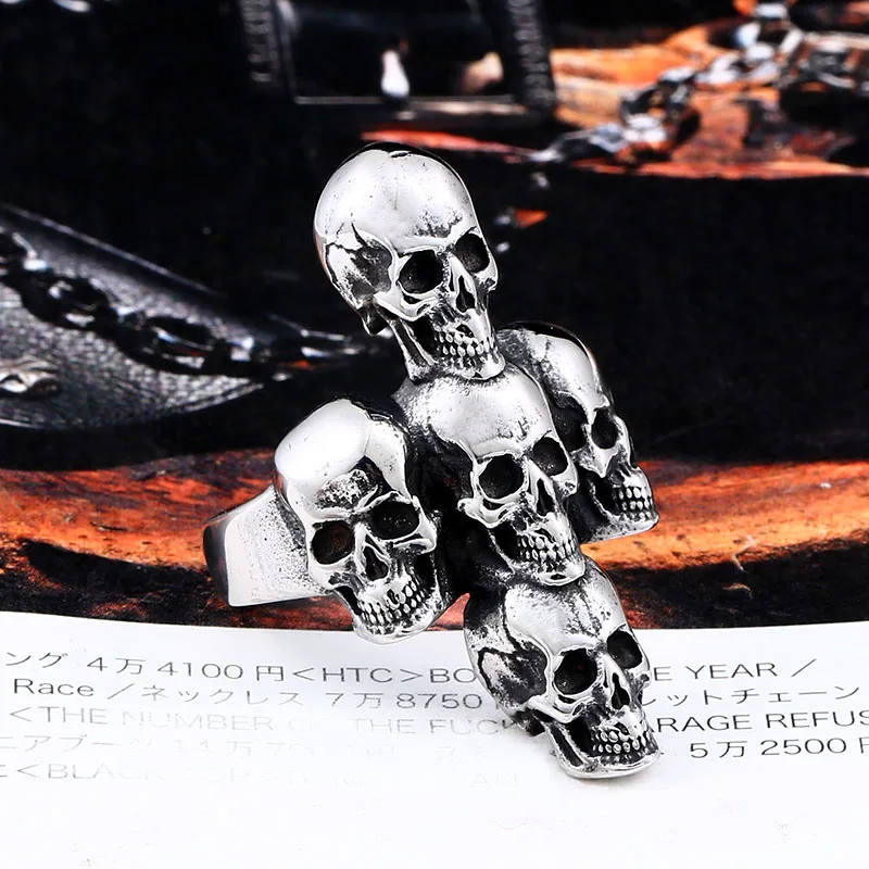 BEIER Stainless steel Unique Heavy Metal Biker Cross and 5 skull Boys ring product fine jewelry for man party supplies BR8-558