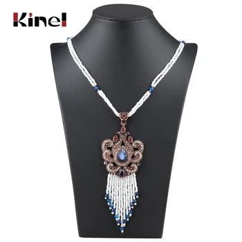 

Kinel Bohemia Tassel Pendant Necklace Vintage Jewerly Gold Color Hand-Beaded Stone Suspensions Long Necklace For Women