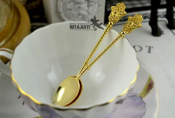

Golden Spoon Coffee Stirring Spoon Mini Retro Spoon for Desserts Ice Cream Party Decoration Tableware W8220