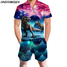Мужской 3D графический слитный комбинезон, повседневный комбинезон на молнии, комбинезоны с динозавром, пляжные мужские комбинезоны, Летний комбинезон Hoiday, мужские комплекты