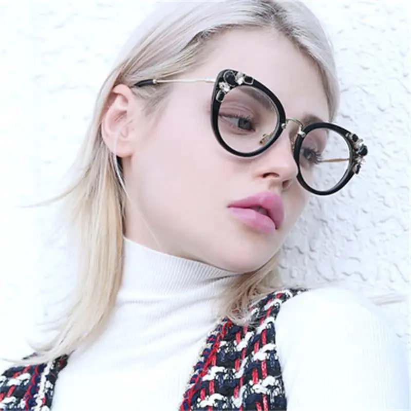 

New Rhinestone Glasses Frame Designer Brand Luxury Women Cat Eye Women's Eyeglass Frame Clear Lens Fashion Decorative Glasses