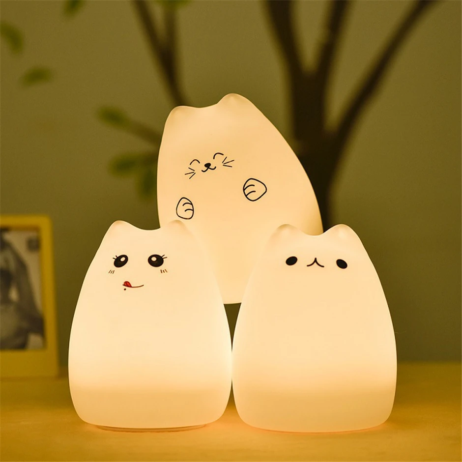 

USB rechargeable LED Colorful Night Light Animal Cat stype Silicone Soft Breathing Cartoon Baby Nursery Lamp for Children Gift