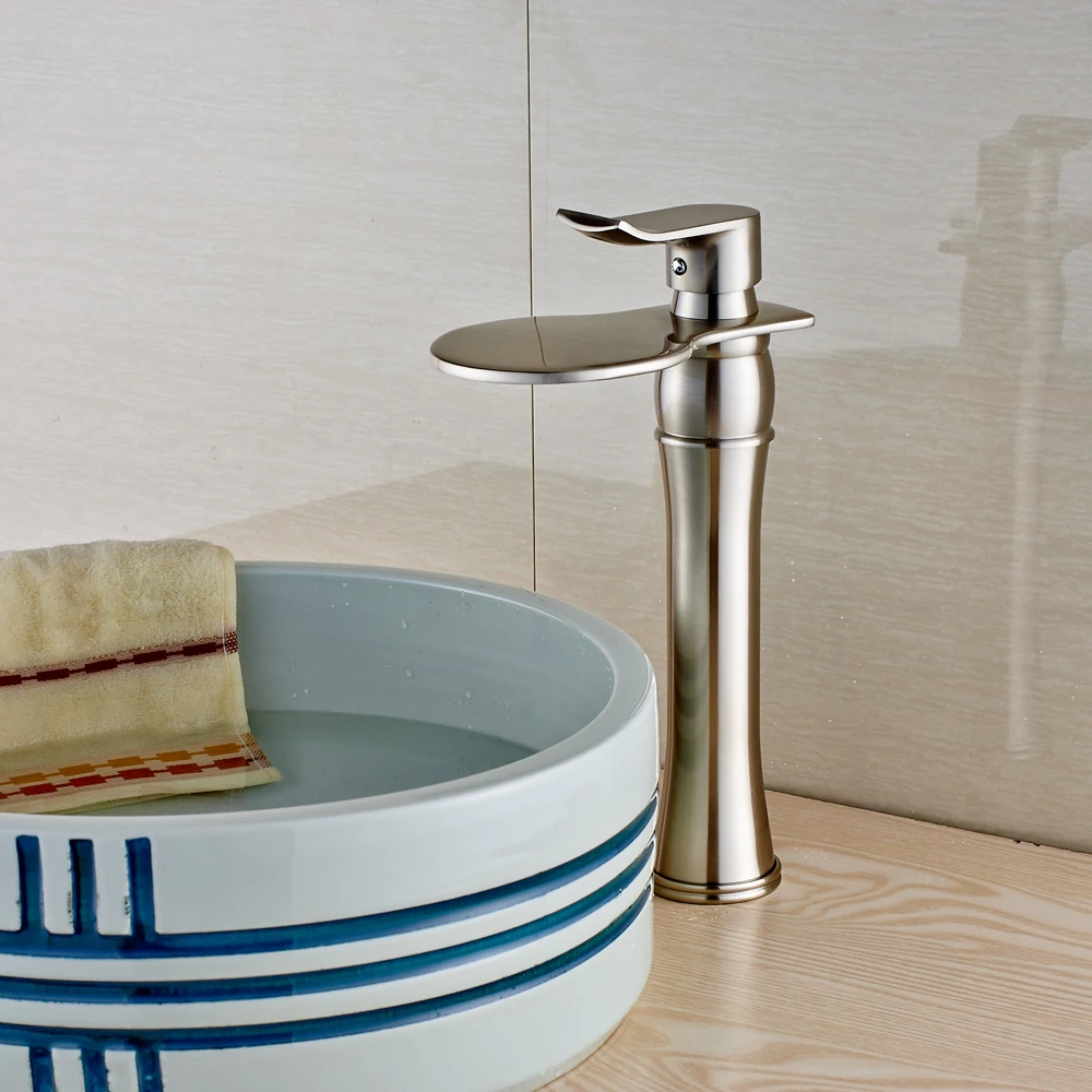 

Nickel Brushed Finished Countertop Bathroom Sink Faucet Hot and Cold Water Mixer Tap Waterfall Spout Crane