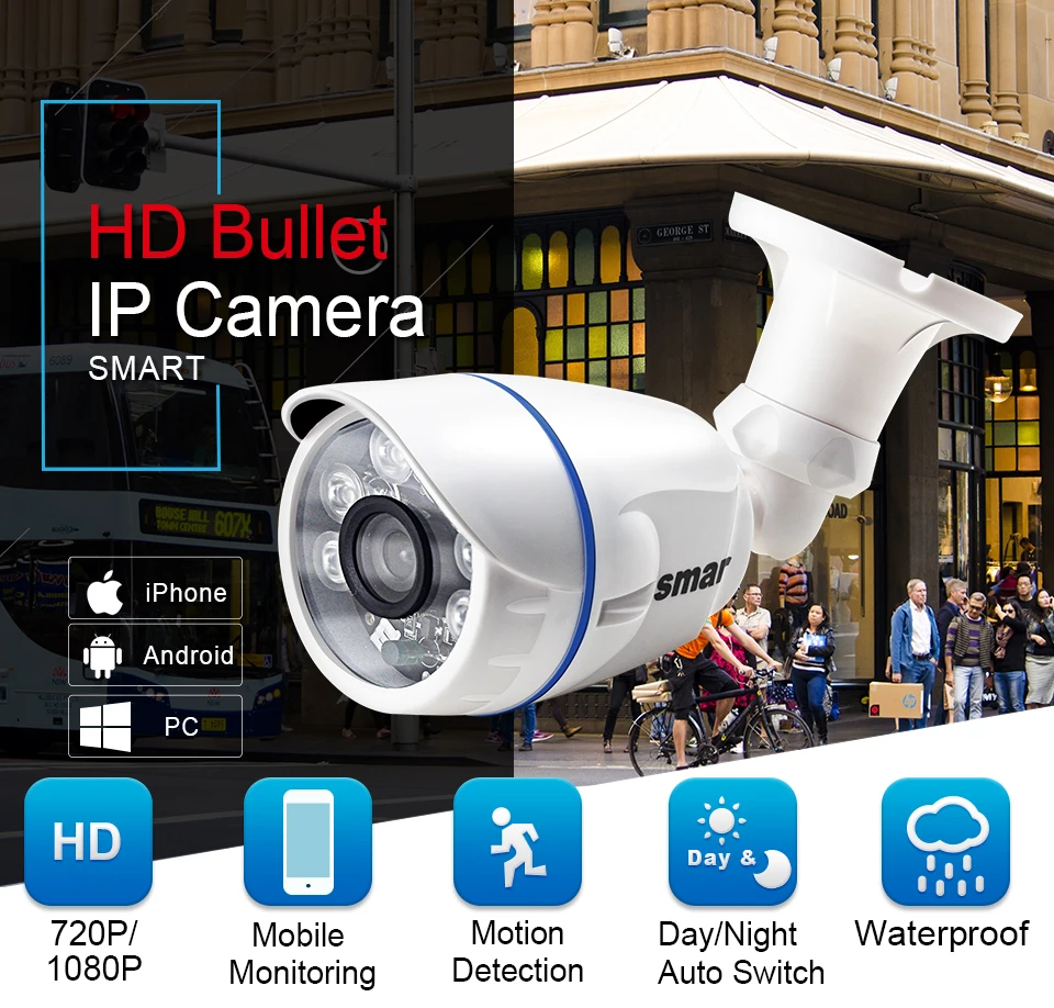 Smar1.0MP/2MP пуля Камера HD 720P 1080P открытый Водонепроницаемый 48V POE IP Камера Ночное видение CCTV Камера безопасности Системы ONVIF