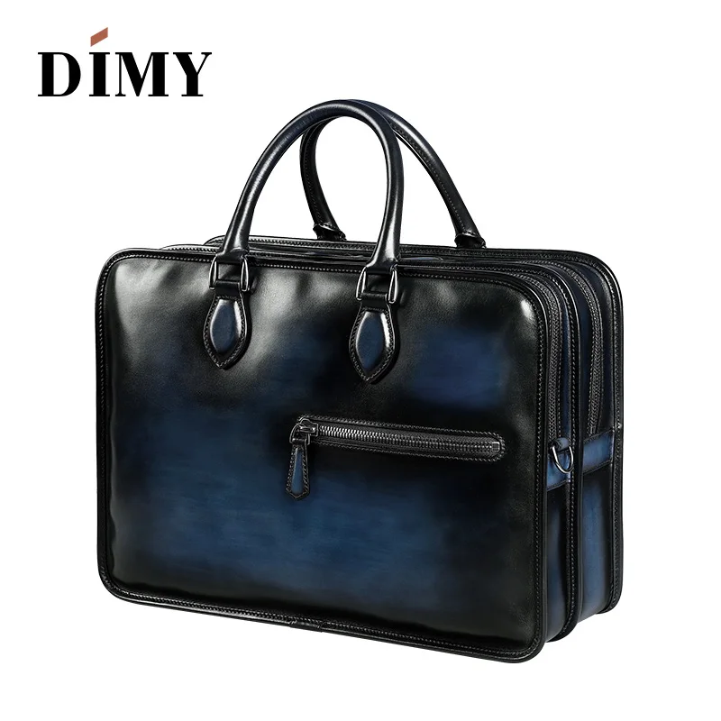 DIMY рука патина кожаная сумка голландская телячья кожа мужские Портфели Бизнес двойная молния сумки на плечо для джентльмена D9161 - Цвет: Prussian Blue