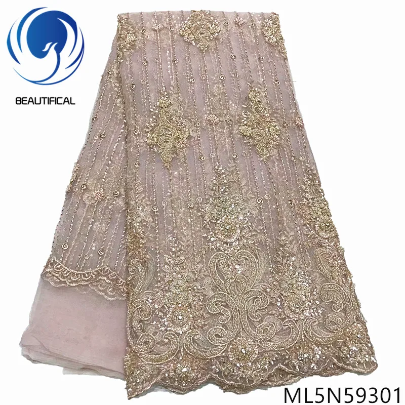 

Beautifical nigerian lace fabrics Fashion handcrafted beaded with sequins french net lace fabric for dress 5yards/lot ML5N593