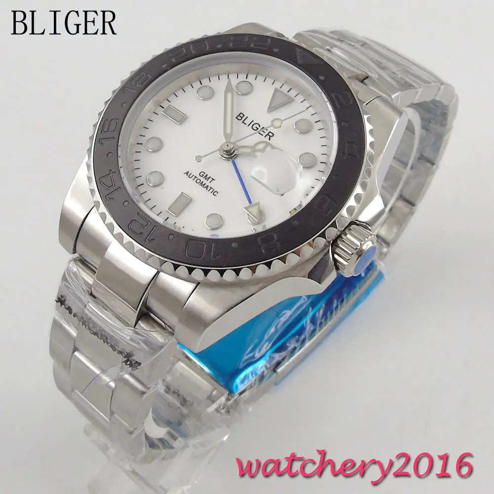  43mm Bliger White Dial Luminous Hand Deployment Rotating Bezel Sapphire Glass GMT Automatic Movemen