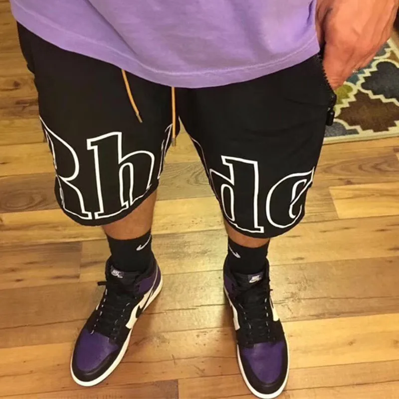 

RHUDE men women short pants kanye west Casual Elastic Waist 3M reflective sweatpants joggers hip hop Letter Drawstring shorts