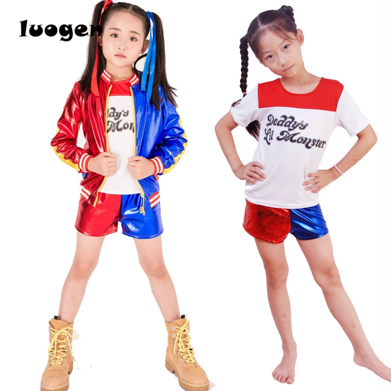 kids Girls Suicide Squad Harley Quinn Cosplay Costumes Full Set