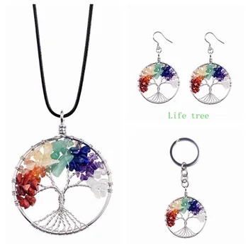 Natural 7 Chimney Yoga Spreading Life Tree Necklace Pendant with Earrings and Pockets Woman in spring and summer the best gift