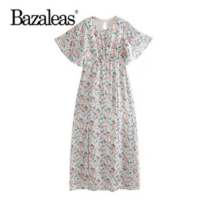 Bazaleas бабочка рукав женское платье винтажное назад полый тонкий миди платье двойной сплит цветочный принт vestido платье прямые поставки - Цвет: FL22 floral 1002