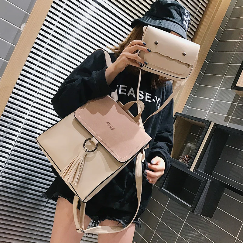 2pcsset Fashion Tassel women Backpack Leather Female Backpack School Shoulder Bag Vintage Travel bags for women 2018 Mochila (66)