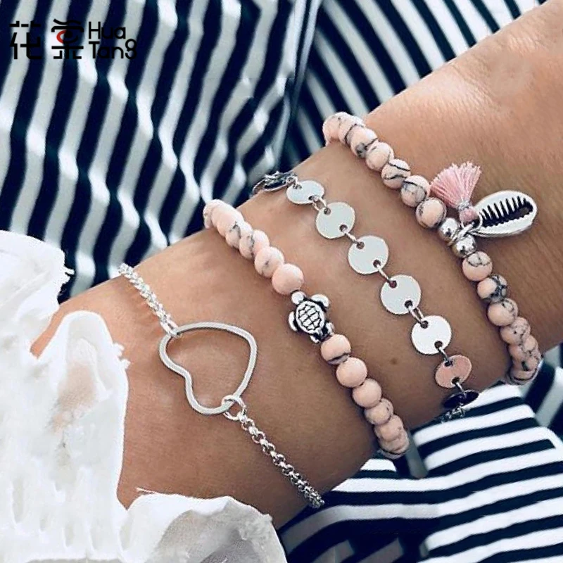 

HuaTang Bohemian Shell Beaded Bracelet Set Cute Tortoise Heart Tassel Multilaye Bracelet for Women Beach Bangle Jewelr C07308