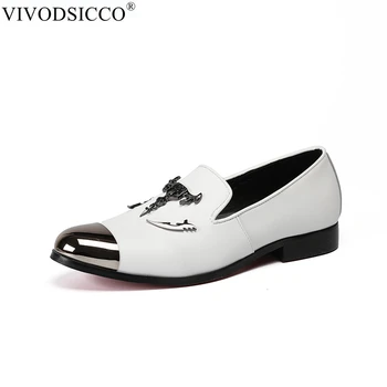 

VIVODSICCO New Metal Toe and Metal Skull Buckle Men Genuine Leather Casual Shoes Men Party and Wedding Loafers Men's Flats