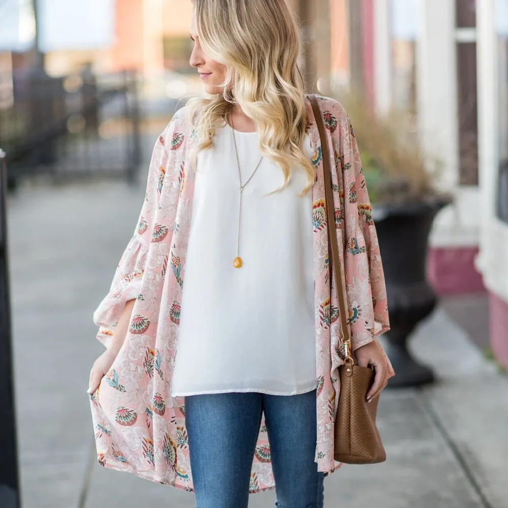 

Summer Style Women Floral Kimono Cardigan Long Flare Sleeve Chiffon Flower Print Loose Blouse Kimono Pink Tops Shirts S-XL
