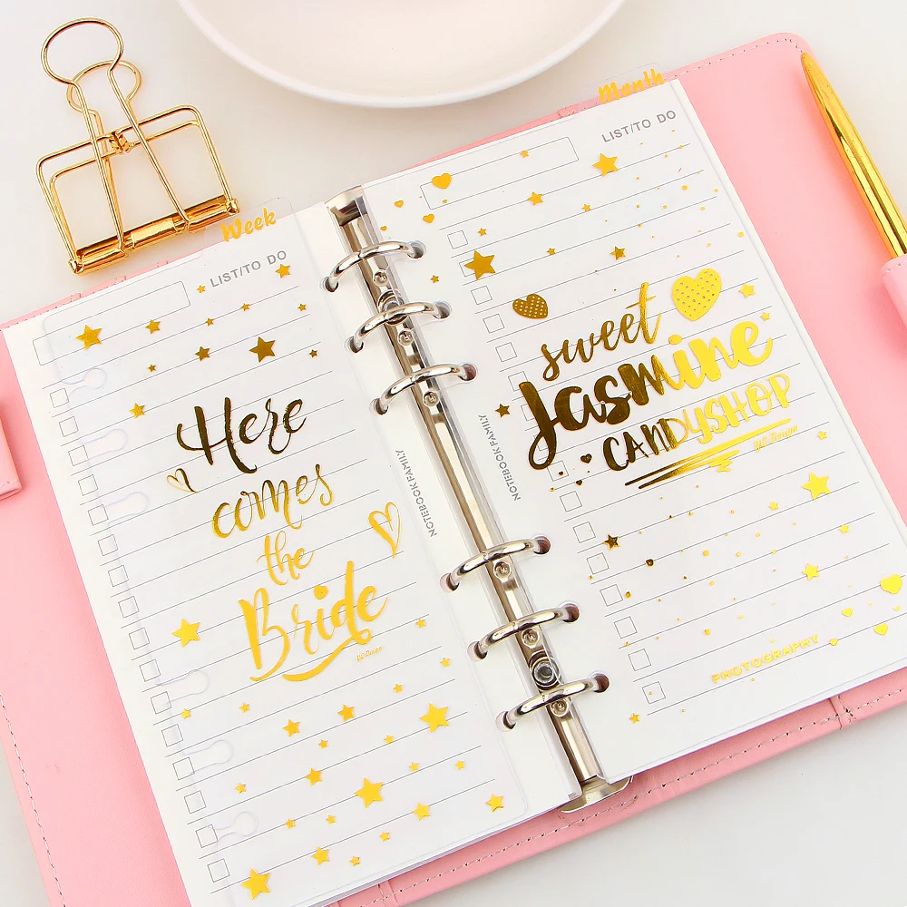 

A6 6 Holes Gold Notebook Loose Leaf Transparent PP Separator Pages Month/weekly/diary plan Notebook Paper Inside Pages