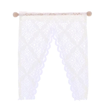 

Doll House 1/12 Dollhouse Miniature Lace Curtain/Drape with Wooden Rod Rail Windows Decoration Toys Dolls Accessories