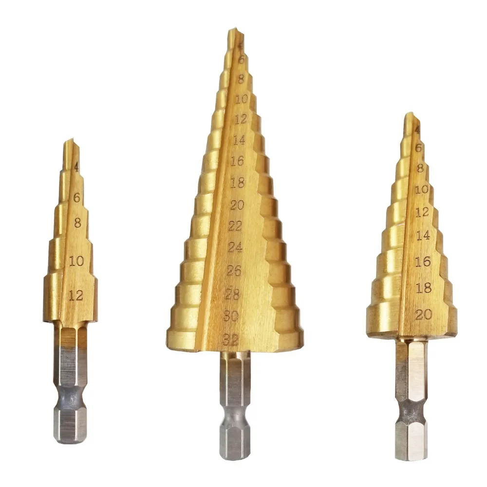 3 Pcs HSS Step Drill Bit Set Cone Titanium Coated Metal Hole Cutter 1/4