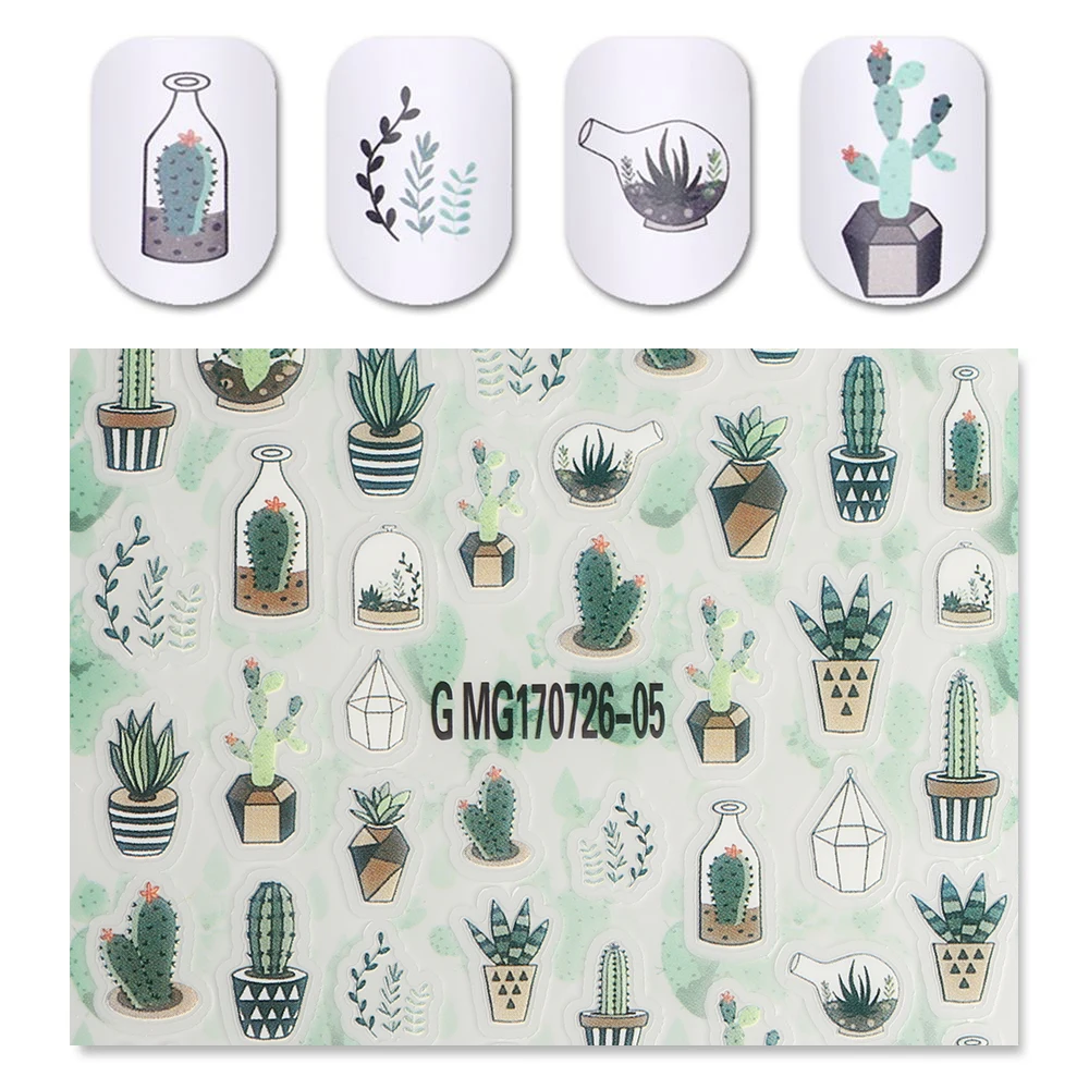 

1 Sheet Cute Cactus Water Decal Black Green Potted Plant Heart Nail Art Transfer Sticker DIY Decals Nail Art Decor Nail Tips