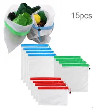 15pcs Reusable Washable Mesh Bags For Grocery Shopping Fruit Vegetable Toys Sundries Organizer Storage Eco Friendly