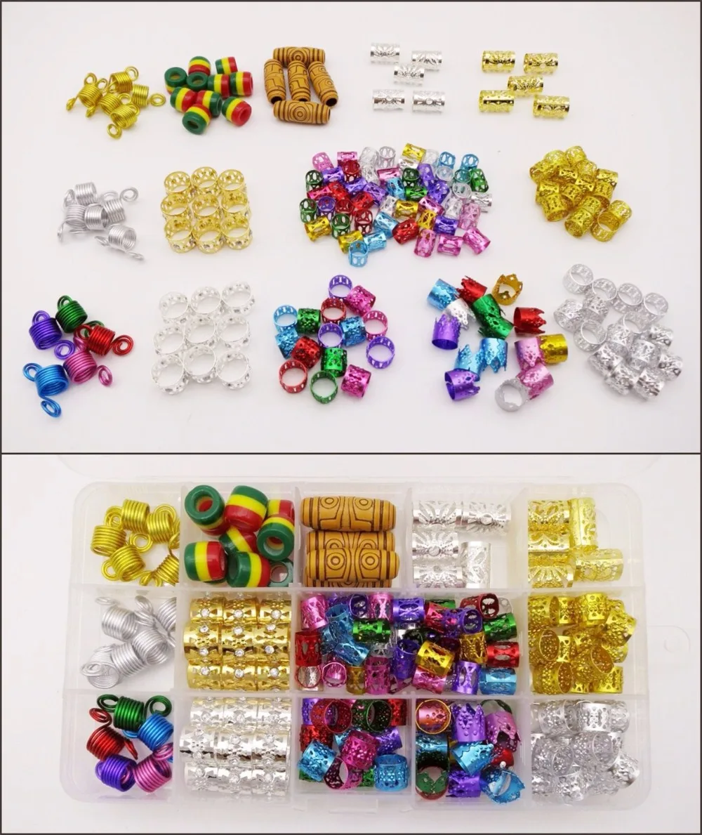 

168 pcs/box Mix different Metal Acrylic Hair braid Dreadlocks Beads Clips Hair Decoration Accessories with Storage Box