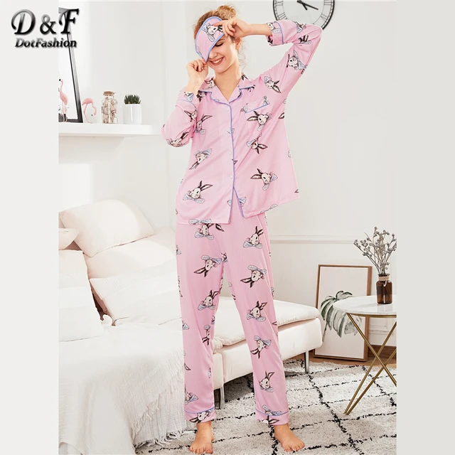 Dotfashion Contrast Binding Rabbit Print PJ Set With Eye Mask Spring Fall Ladies Pink Button Pocket Collar Long Sleeve Nightwear