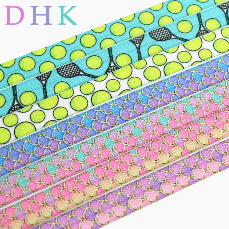 

DHK 5/8'' 5yards tennis mermaid fish scale printed Fold Elastic FOE stretch ribbon hairbow headwear headband Wholesale C1591