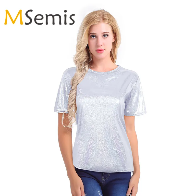 Womens Shiny T Shirt Ladies Top Tees Sparkly Metallic Shirt Round Neck womens-shiny-t-shirt-ladies-top-tees-sparkly-metallic-shirt-round-neck
