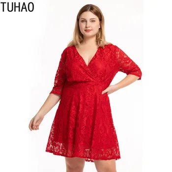 

TUHAO 2019 Red Lace Party Dresses Plus Size 7XL 6XL 5XL Women Large Size Office Lady Elegant Runway Mini Summer Dress CMSZ