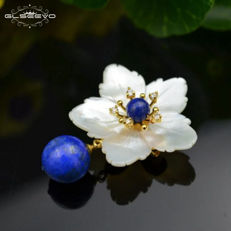 

XlentAg Natural Mother Of Pearl Flower Brooch Lapis Lazuli Brooches For Women Accessories Dual Use Luxury Fine Jewellery GO0105
