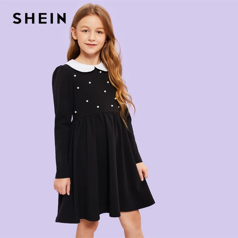 SHEIN/милое черное платье с контрастным воротником и жемчужинами для девочек; одежда для детей; коллекция года; сезон весна; корейские элегантные Детские платья с длинными рукавами